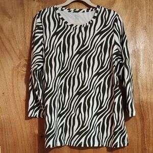 *Like New* Kim Rogers Perfectly Soft Tee Olive Zebra Stripe Cotton ¾-Sleeve Lrg